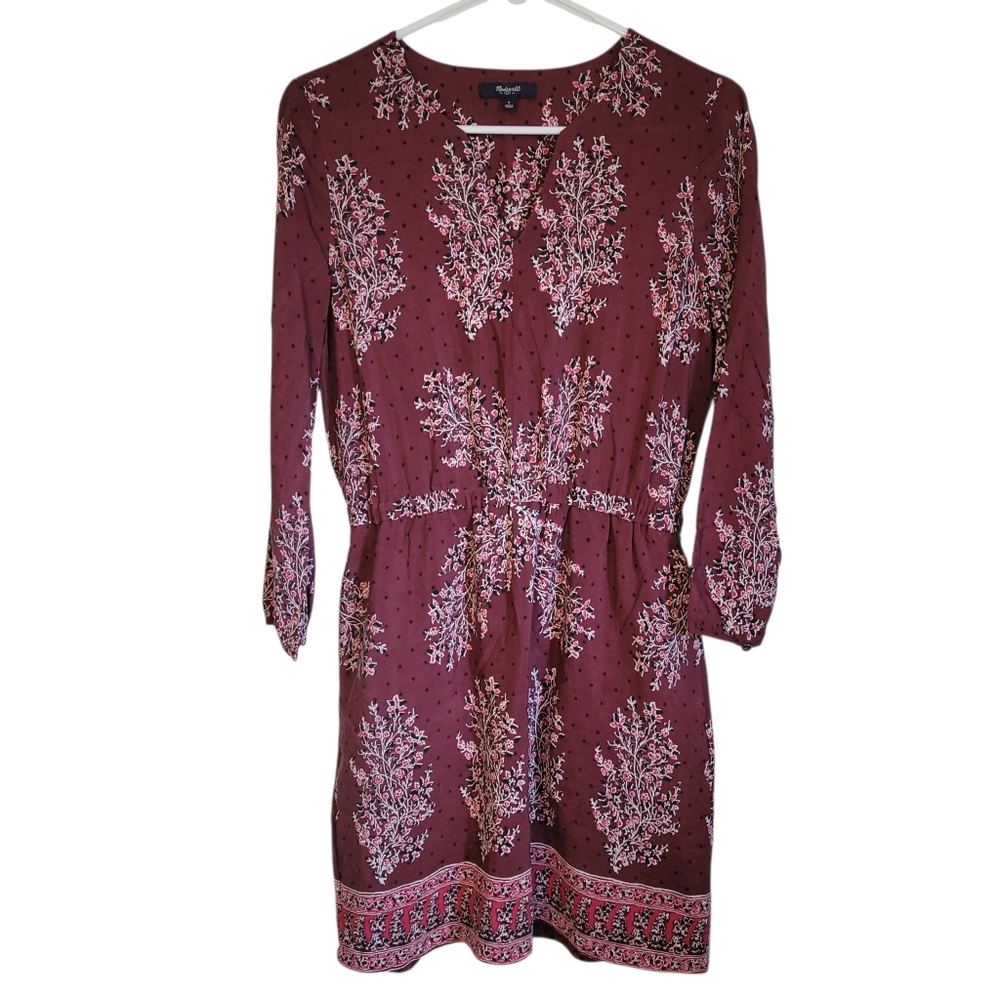 Madewell Silk Lassi Flower Popover Mini Dress Burgundy Boho Floral Size 2 - Picture 3 of 11